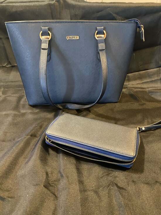 QIYUER Handbags - QIYUER Navy Blue Saffiano Faux Leather Tote Bag and Matching Wallet Set